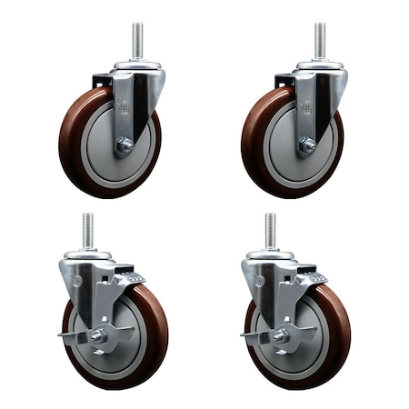 Service Caster 5 Inch Maroon Polyurethane Wheel Swivel 58 Inch Threaded Stem Caster Set 2 Brakes SCC SCC-TS20S514-PPUB-MRN-58212-2-TLB-2